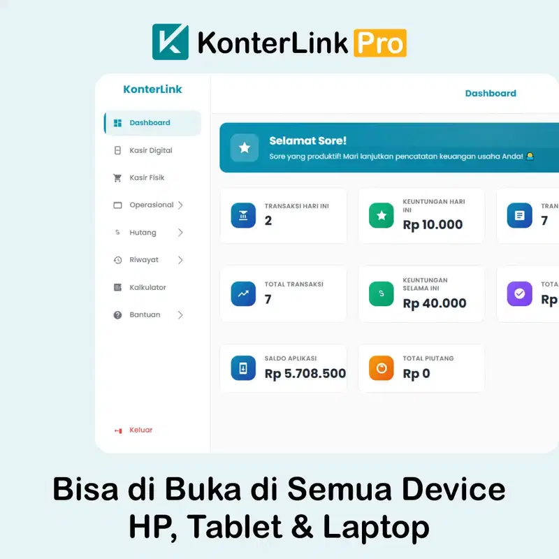 Aplikasi Konter & BRI Link - KonterLink (Bisa di buka di semua Device, HP, Tablet, Laptop) - Sekali beli, bisa dipakai selamanya (Untuk 1 Toko)